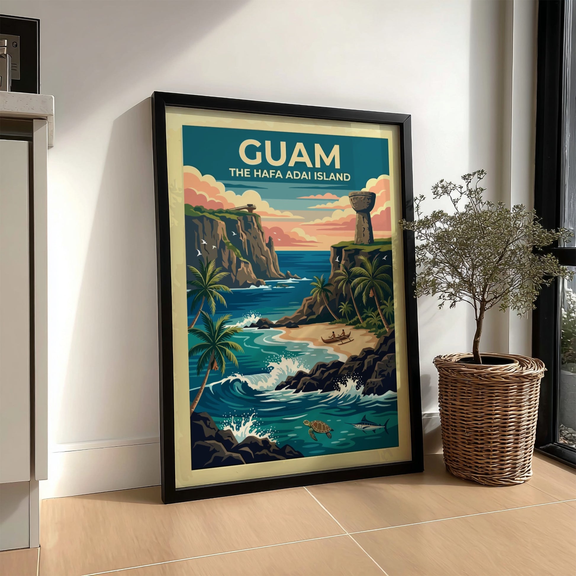 Travel poster of Guam featuring a tropical sunset, latte stone, and ocean wildlife.