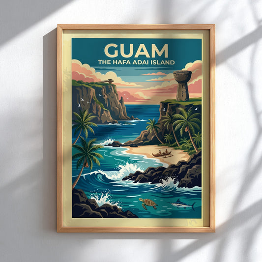 Travel poster of Guam featuring a tropical sunset, latte stone, and ocean wildlife.