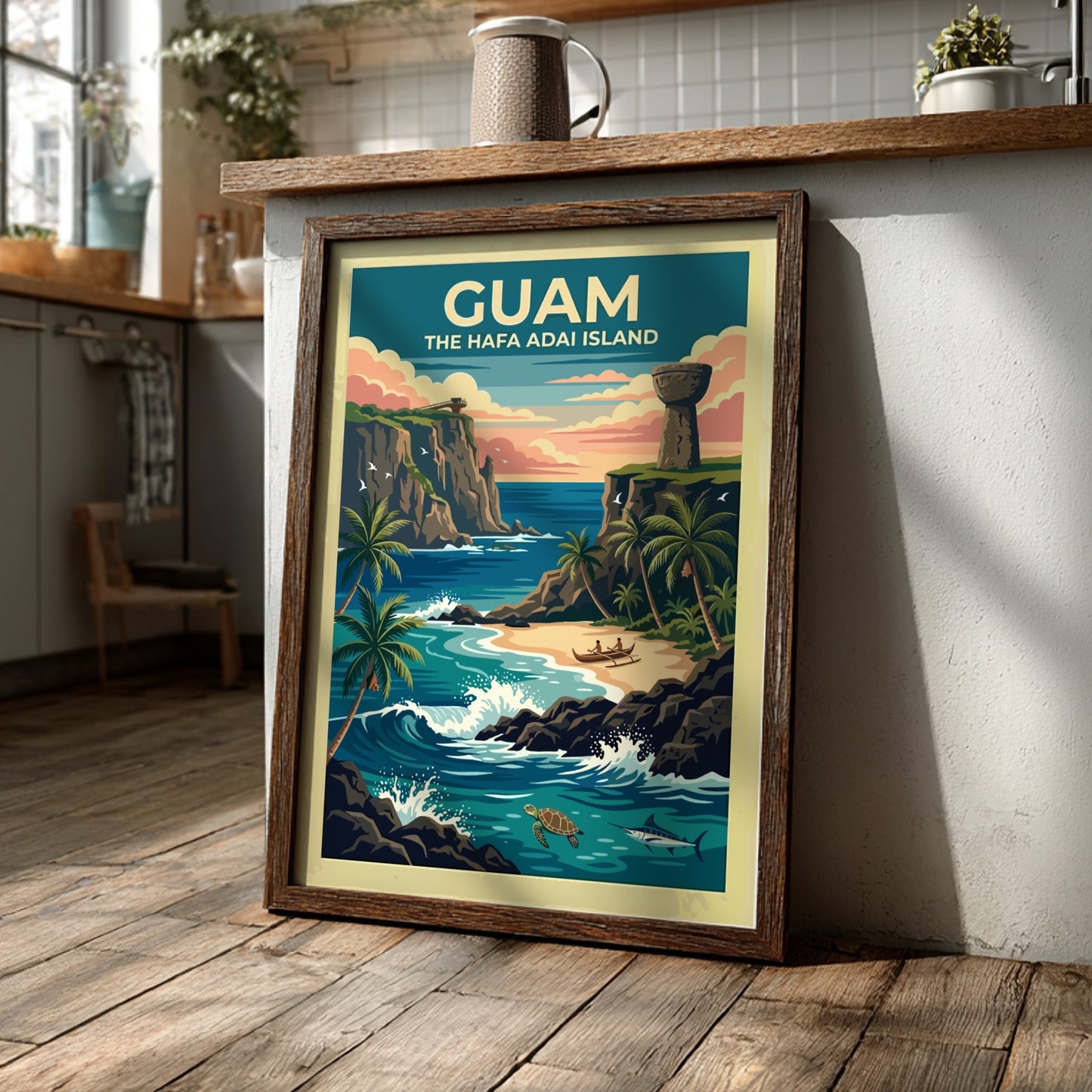Travel poster of Guam featuring a tropical sunset, latte stone, and ocean wildlife.