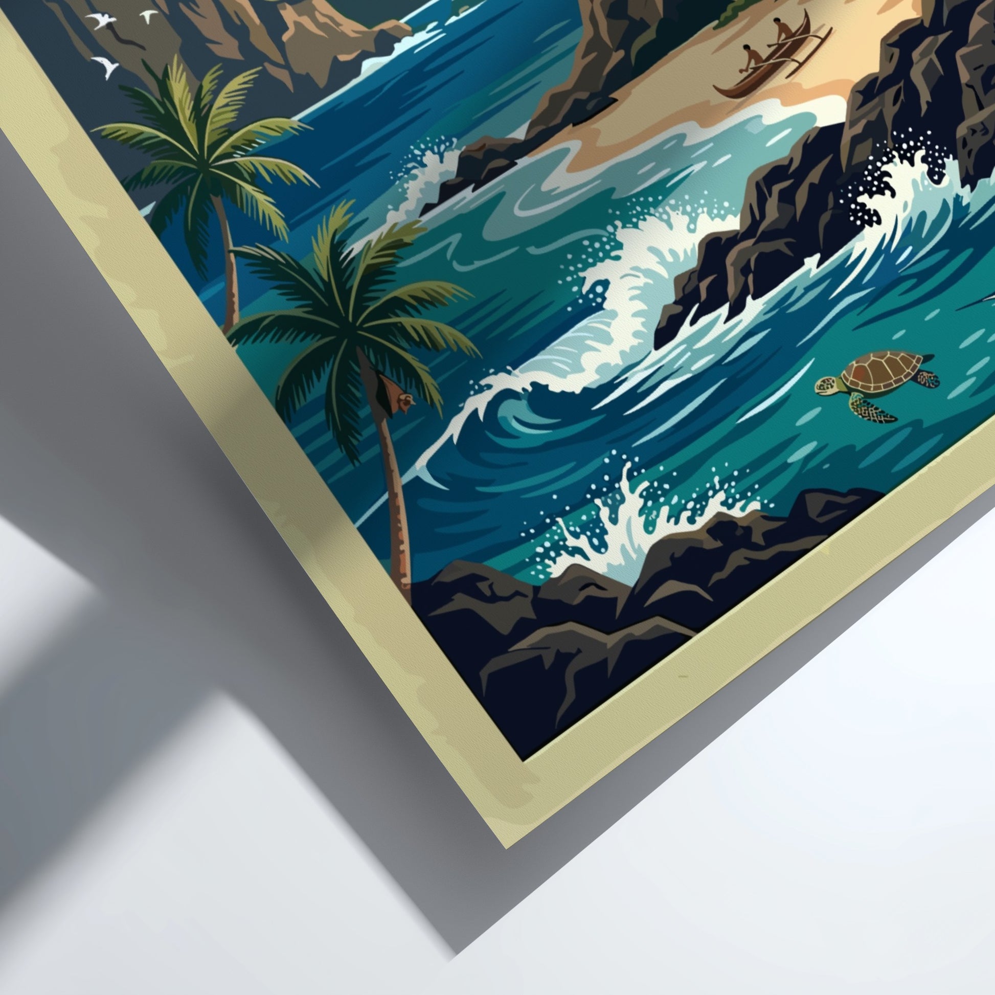Travel poster of Guam featuring a tropical sunset, latte stone, and ocean wildlife.