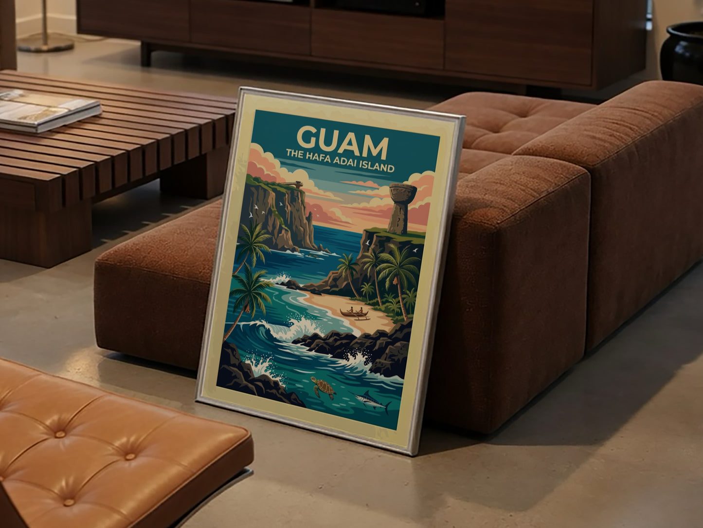 Travel poster of Guam featuring a tropical sunset, latte stone, and ocean wildlife.