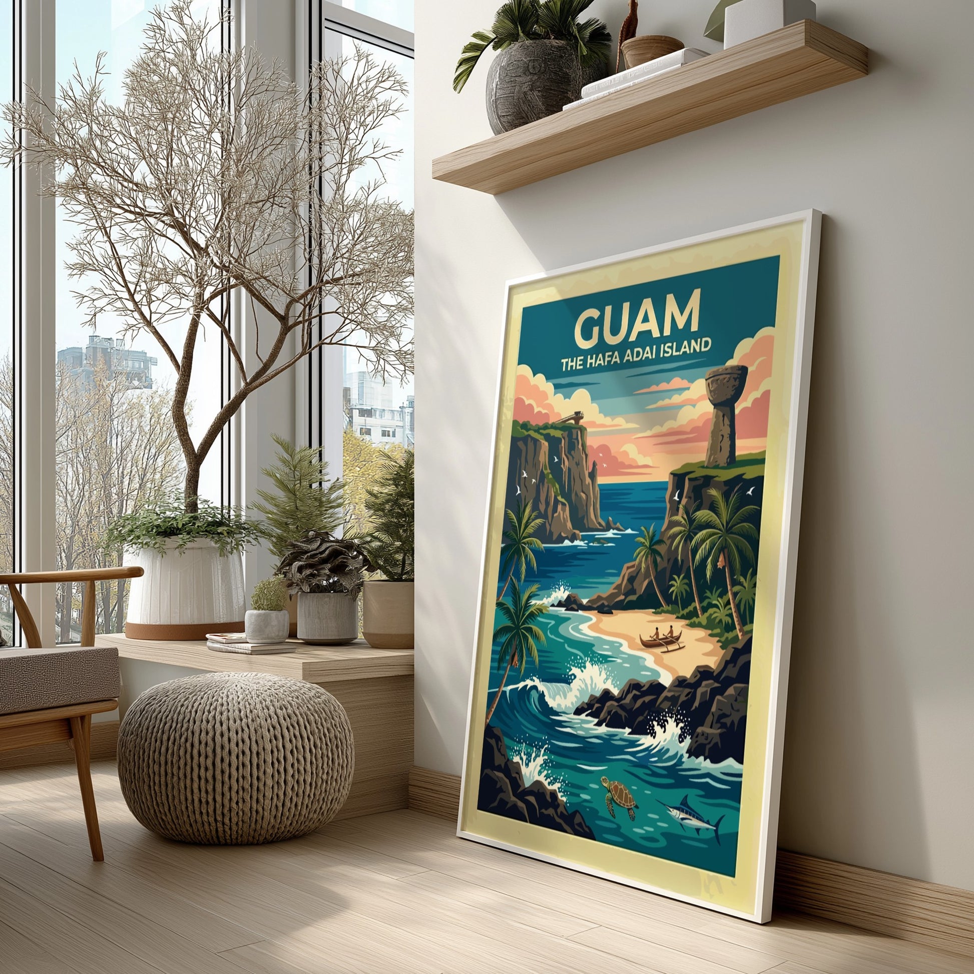Travel poster of Guam featuring a tropical sunset, latte stone, and ocean wildlife.