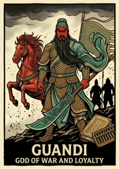 Poster featuring Guandi the God of War and Loyalty in traditional Chinese warrior armor