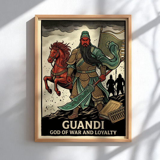 Poster featuring Guandi the God of War and Loyalty in traditional Chinese warrior armor