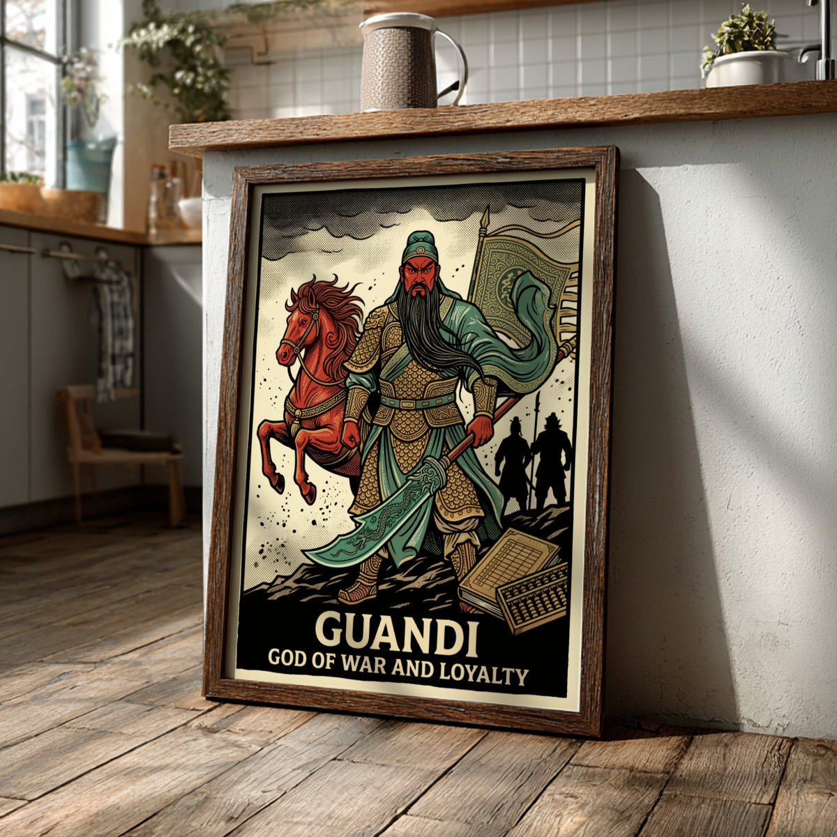 Poster featuring Guandi the God of War and Loyalty in traditional Chinese warrior armor