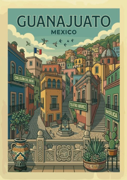 Colorful Guanajuato travel poster featuring Mexican architecture, streets, and landmarks in a vintage