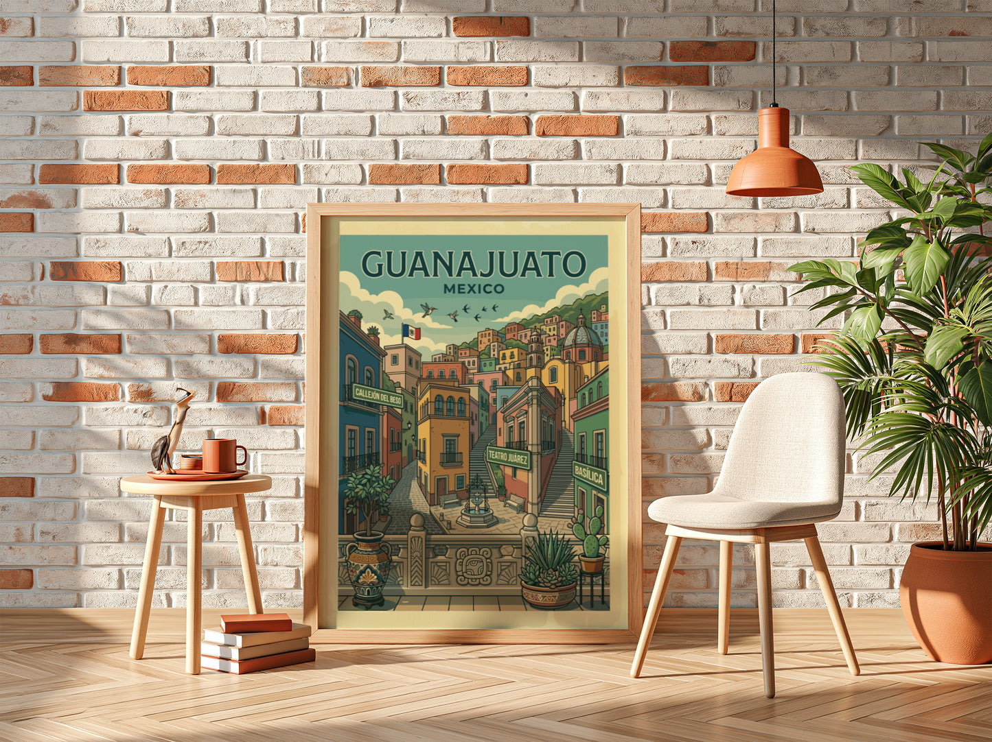 Colorful Guanajuato travel poster featuring Mexican architecture, streets, and landmarks in a vintage