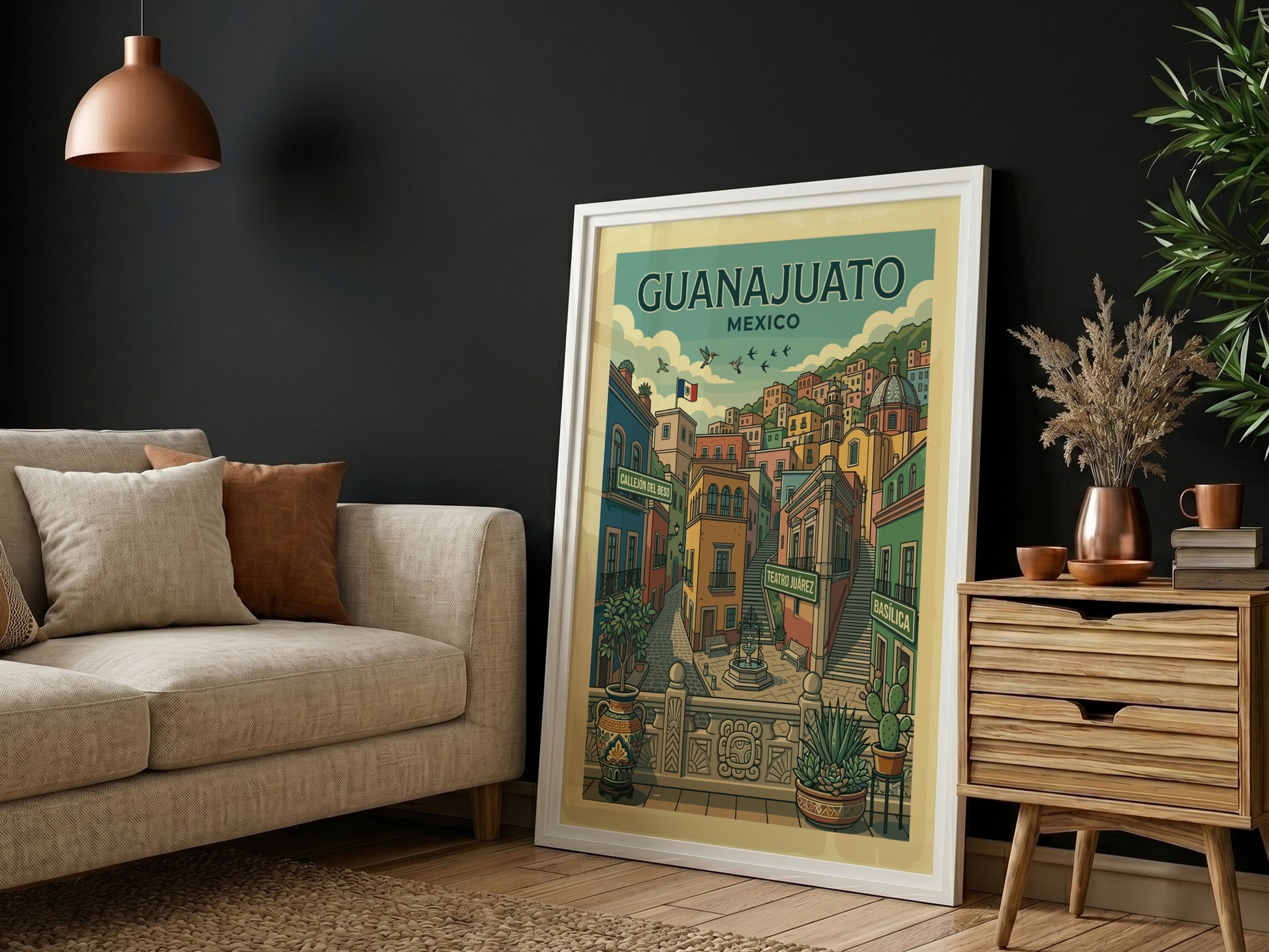 Colorful Guanajuato travel poster featuring Mexican architecture, streets, and landmarks in a vintage