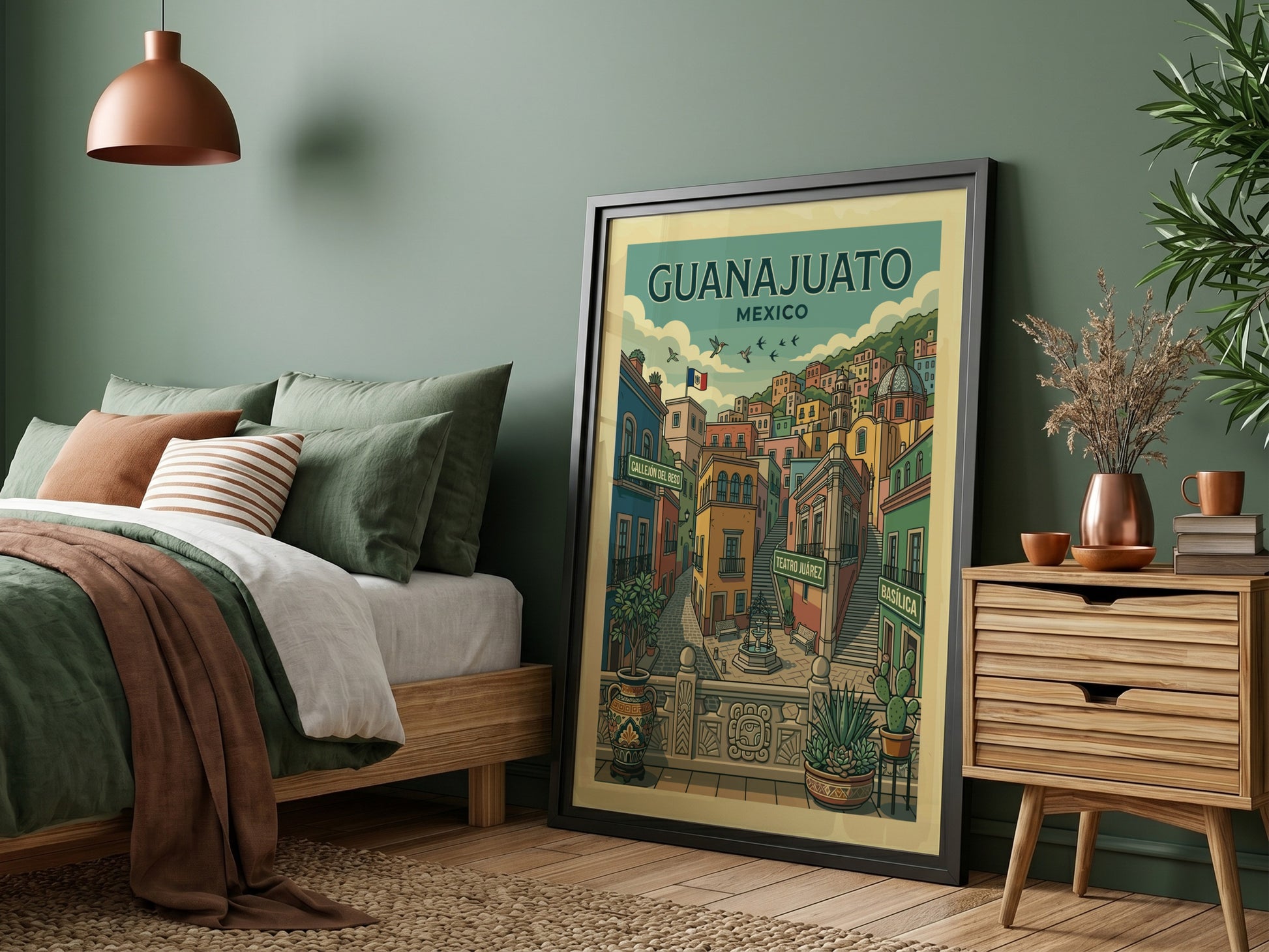 Colorful Guanajuato travel poster featuring Mexican architecture, streets, and landmarks in a vintage
