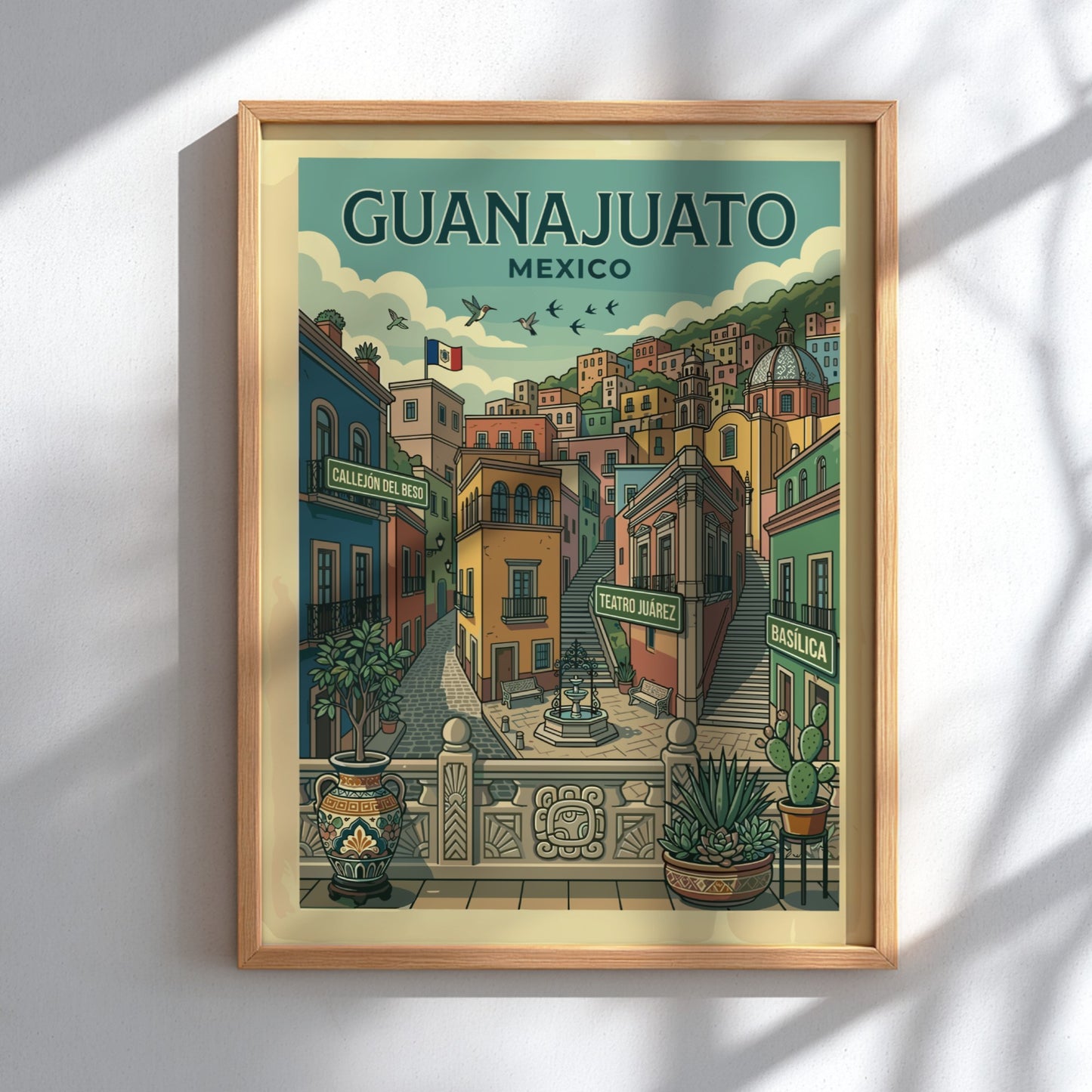 Colorful Guanajuato travel poster featuring Mexican architecture, streets, and landmarks in a vintage