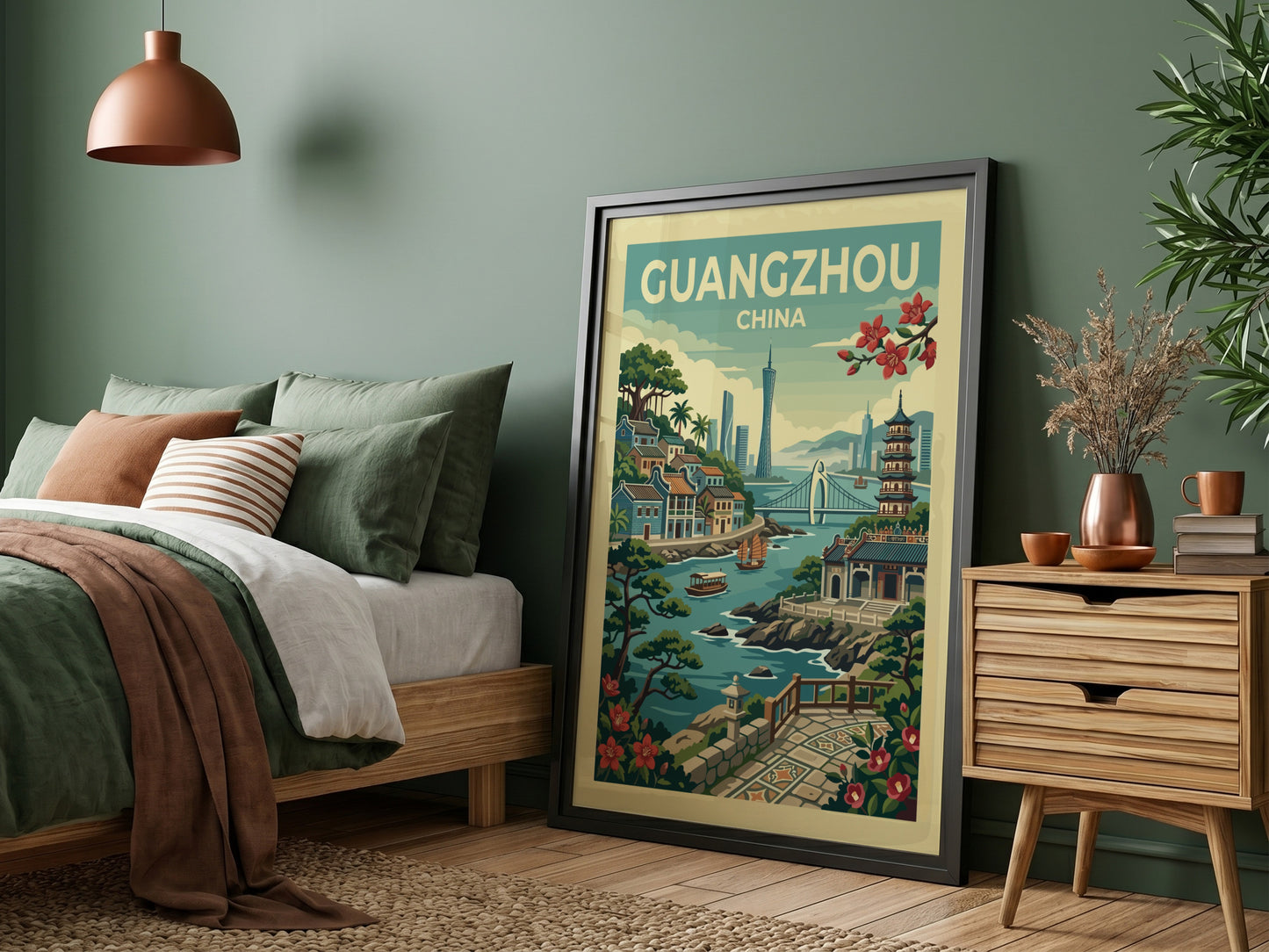 Guangzhou China travel poster with vintage illustration of city skyline and river.