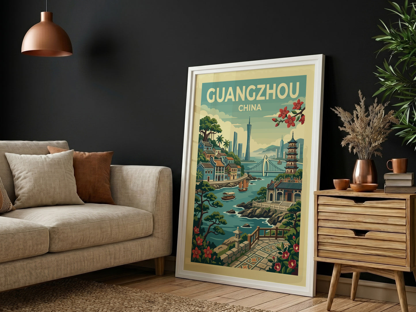 Guangzhou China travel poster with vintage illustration of city skyline and river.