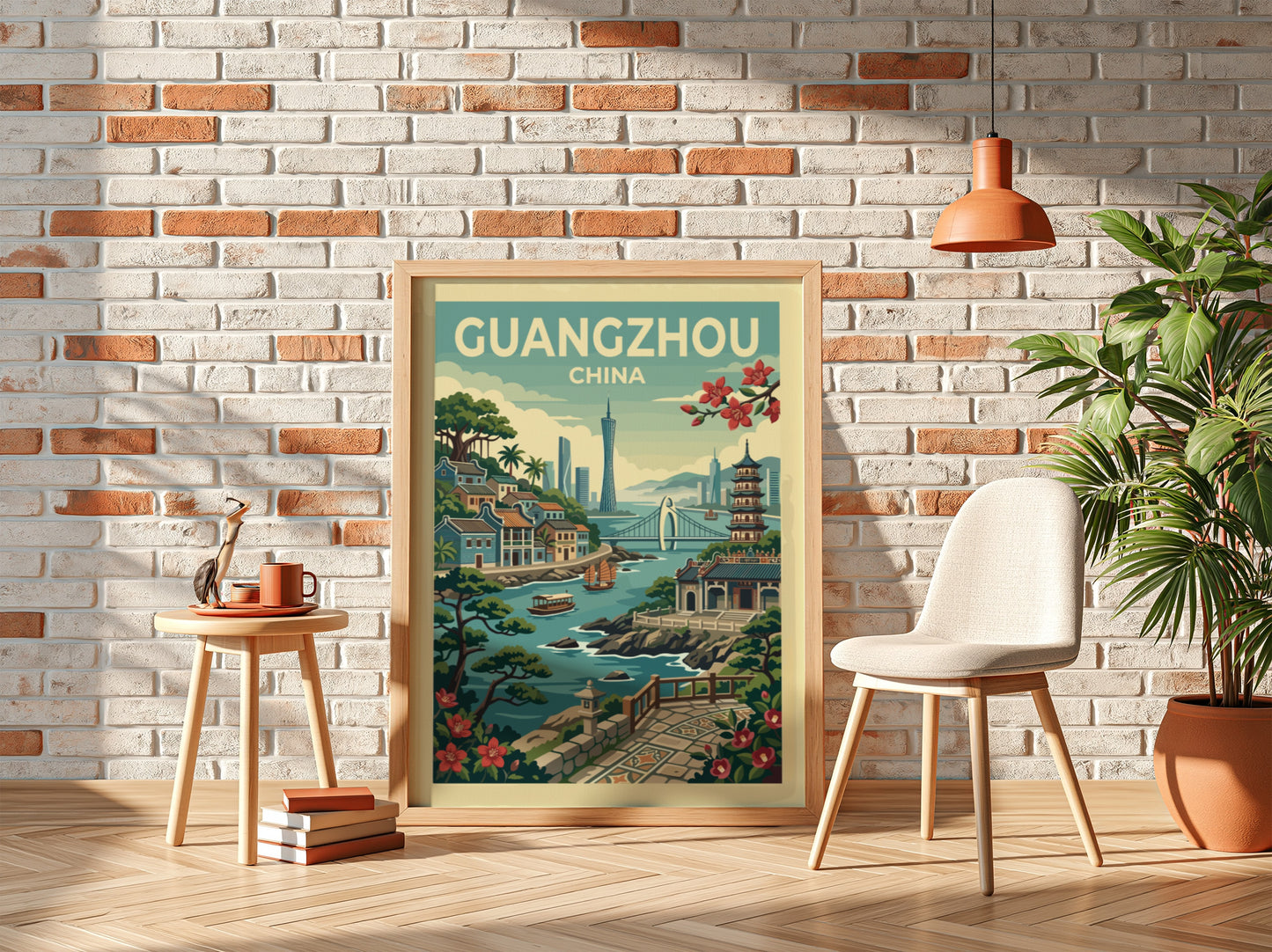 Guangzhou China travel poster with vintage illustration of city skyline and river.