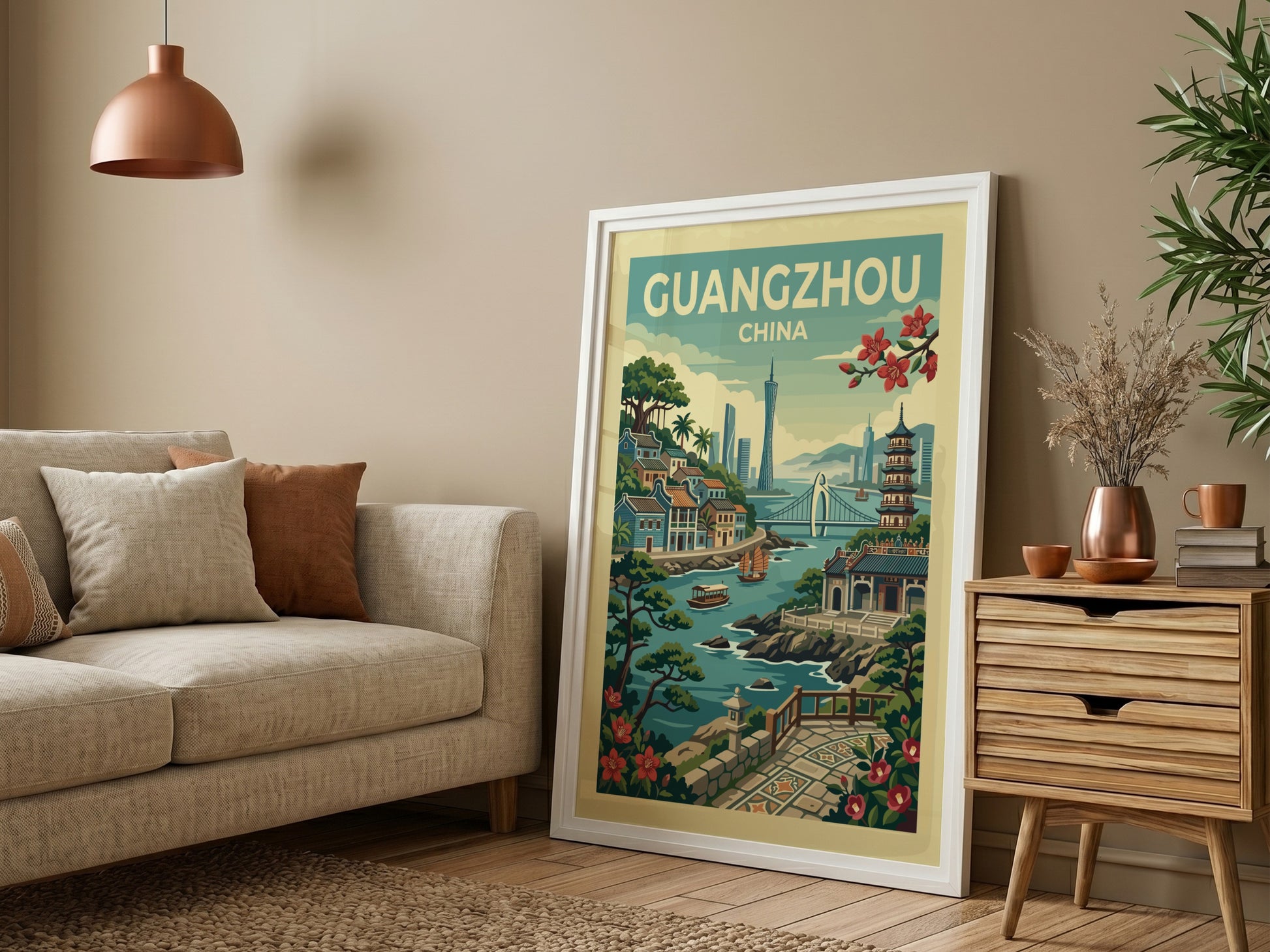 Guangzhou China travel poster with vintage illustration of city skyline and river.