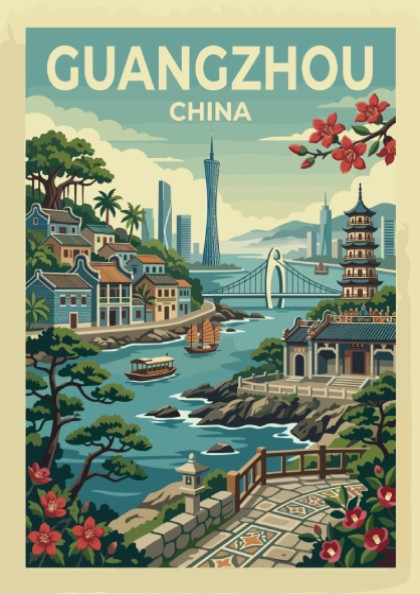 Guangzhou China travel poster with vintage illustration of city skyline and river.