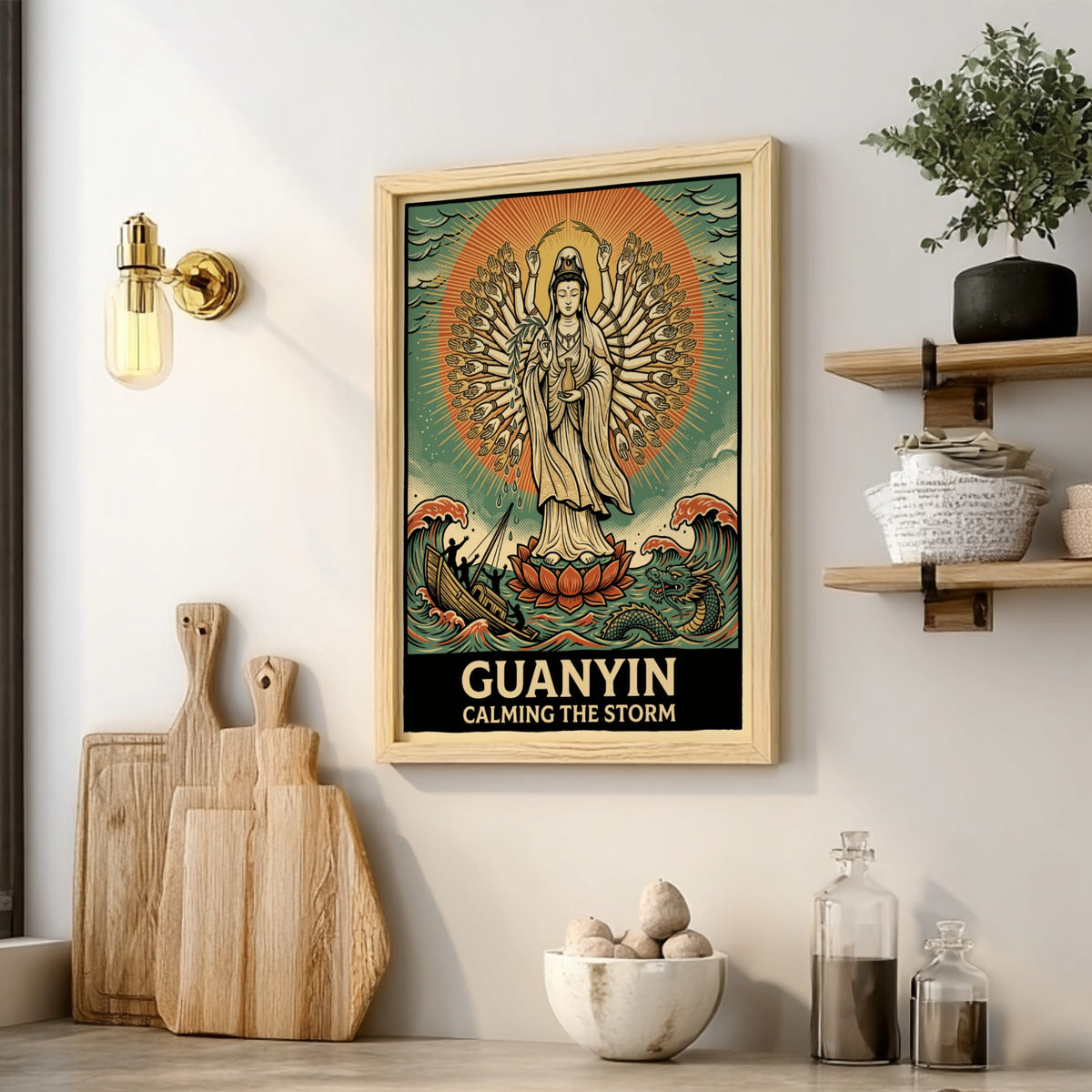 Poster of Guanyin with many arms calming a stormy sea with a dragon