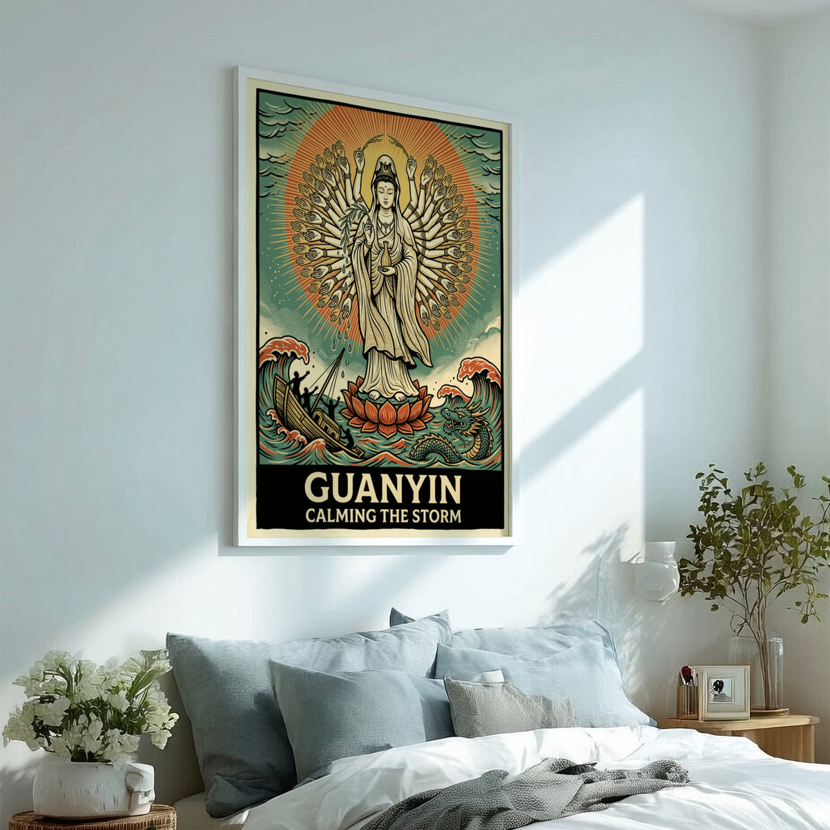 Poster of Guanyin with many arms calming a stormy sea with a dragon