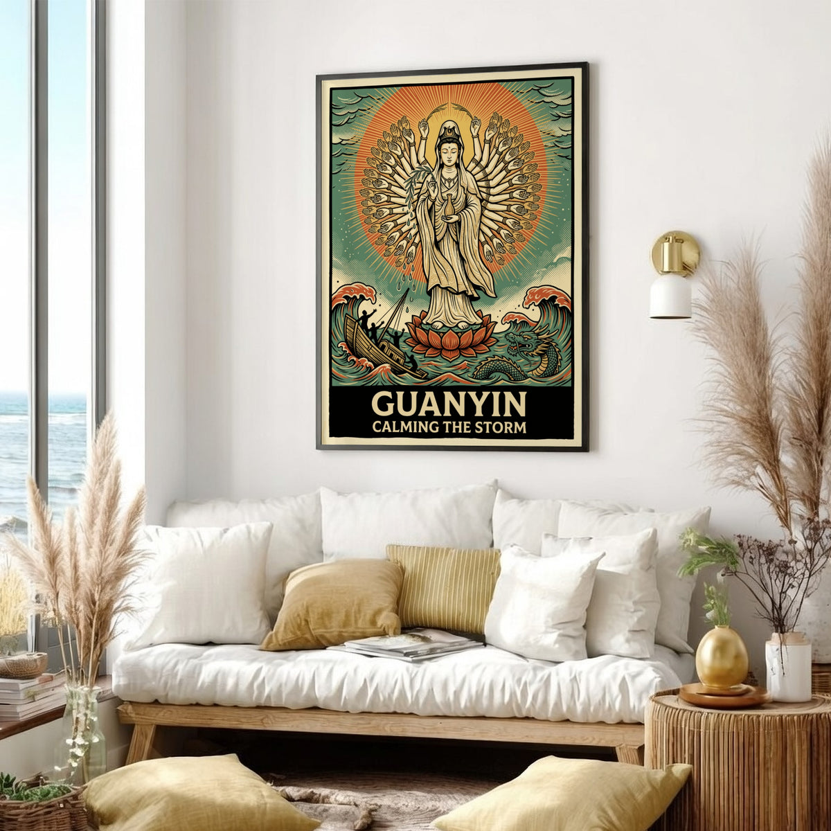 Poster of Guanyin with many arms calming a stormy sea with a dragon