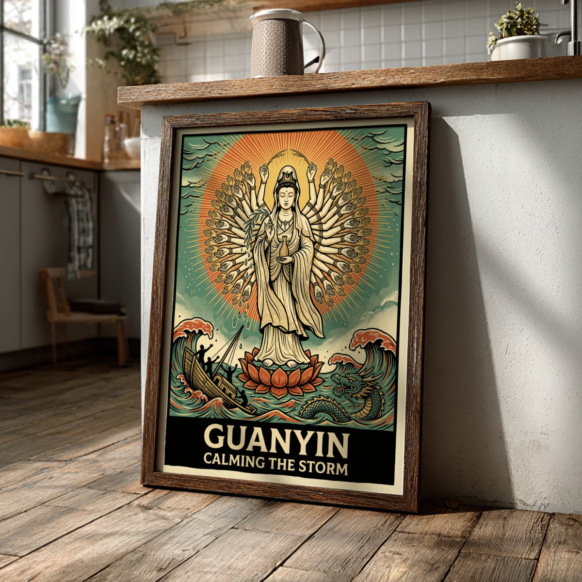 Poster of Guanyin with many arms calming a stormy sea with a dragon