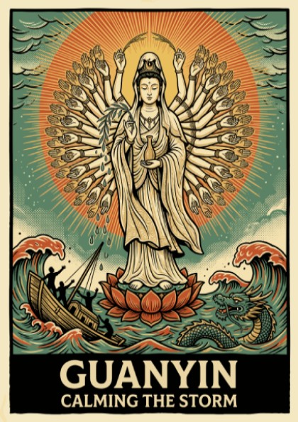 Poster of Guanyin with many arms calming a stormy sea with a dragon