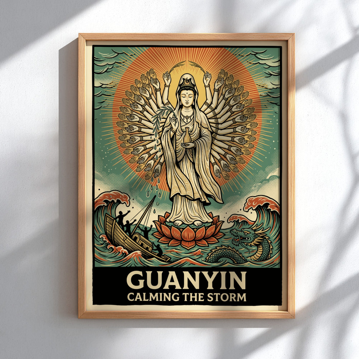 Poster of Guanyin with many arms calming a stormy sea with a dragon