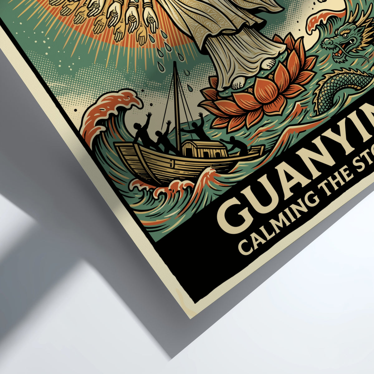 Poster of Guanyin with many arms calming a stormy sea with a dragon