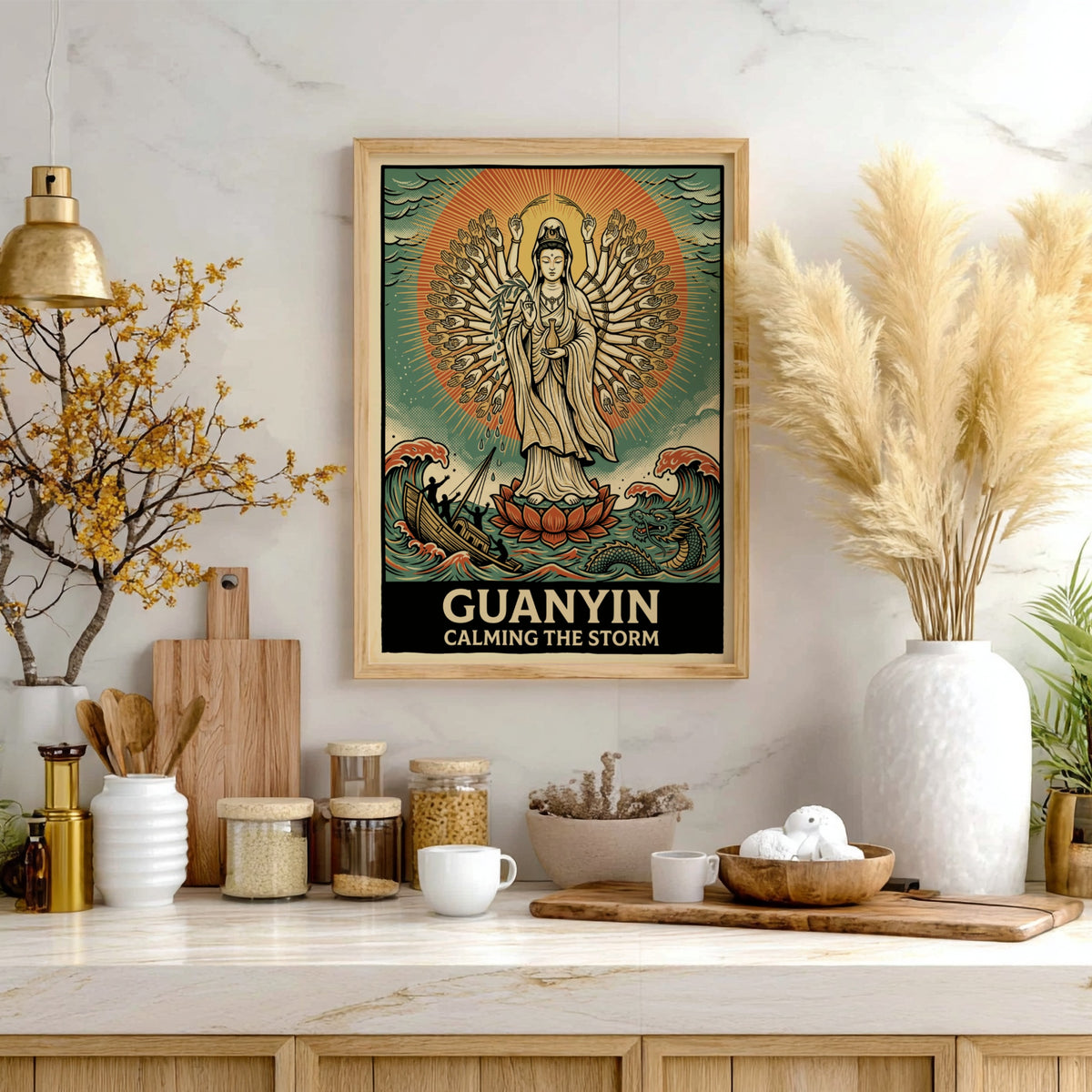 Poster of Guanyin with many arms calming a stormy sea with a dragon
