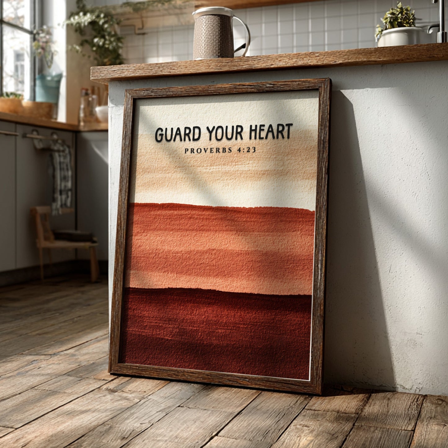 Guard Your Heart poster with warm earthy tones and inspirational Proverbs 4:23 design