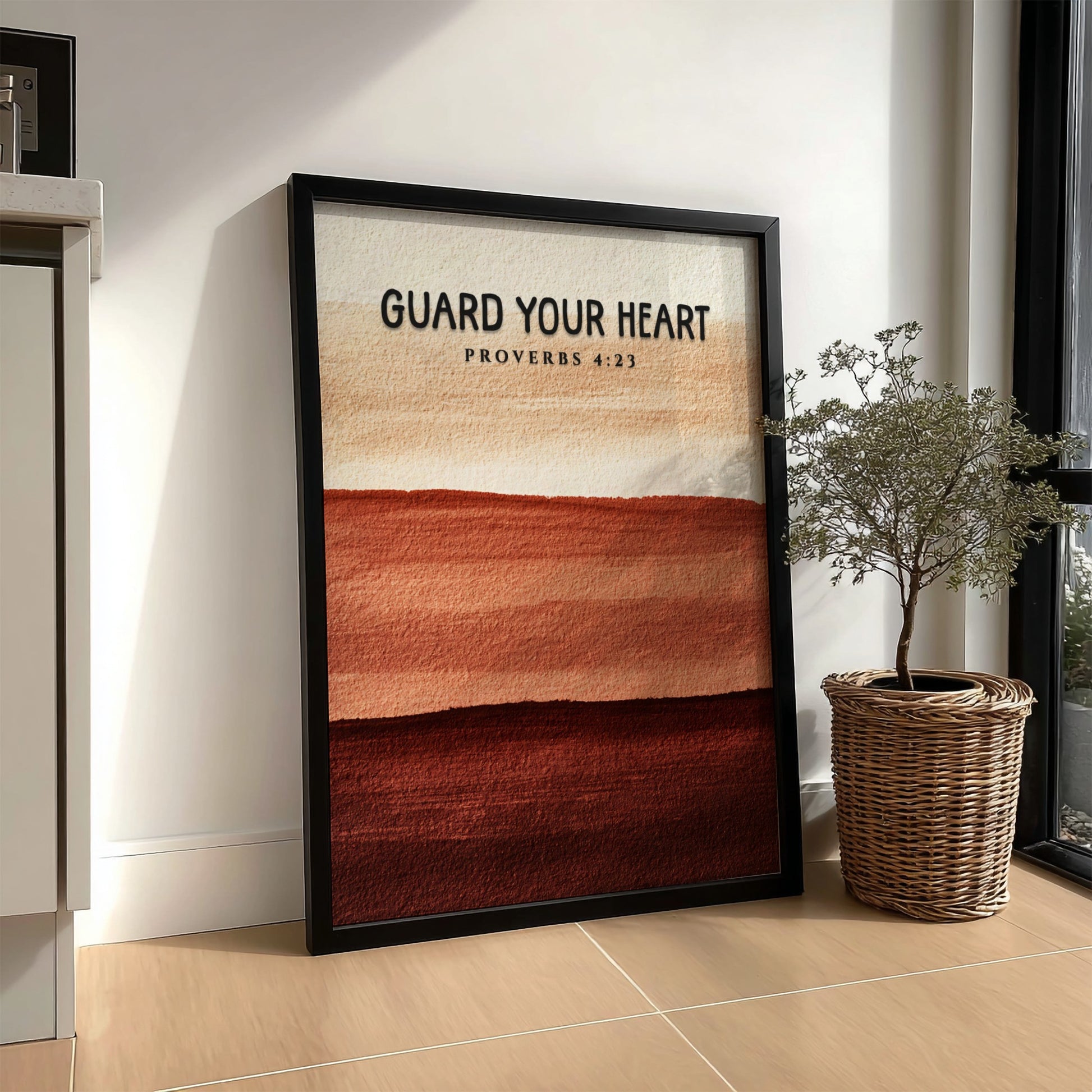 Guard Your Heart poster with warm earthy tones and inspirational Proverbs 4:23 design