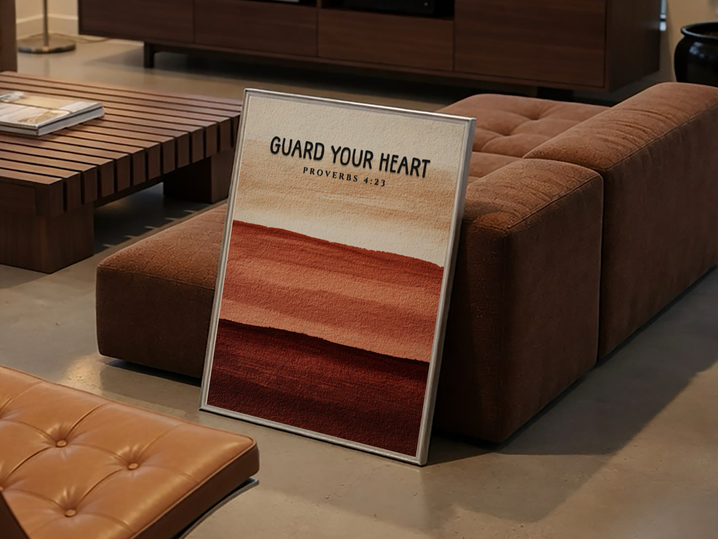 Guard Your Heart poster with warm earthy tones and inspirational Proverbs 4:23 design
