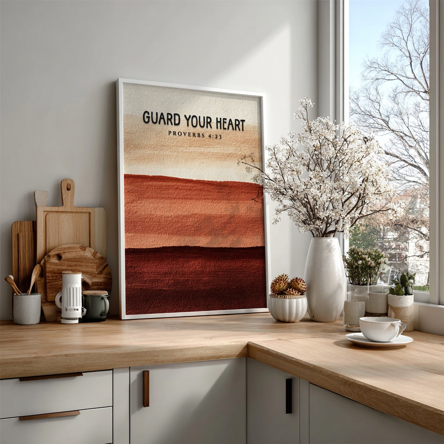 Guard Your Heart poster with warm earthy tones and inspirational Proverbs 4:23 design