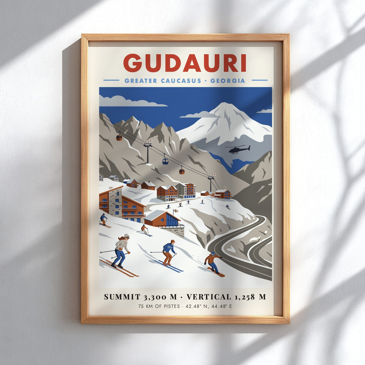 Travel poster of Gudauri, Georgia featuring skiers on snowy slopes and mountain peaks.