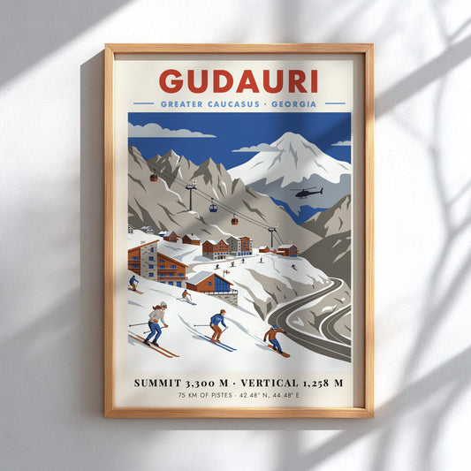 Travel poster of Gudauri, Georgia featuring skiers on snowy slopes and mountain peaks.