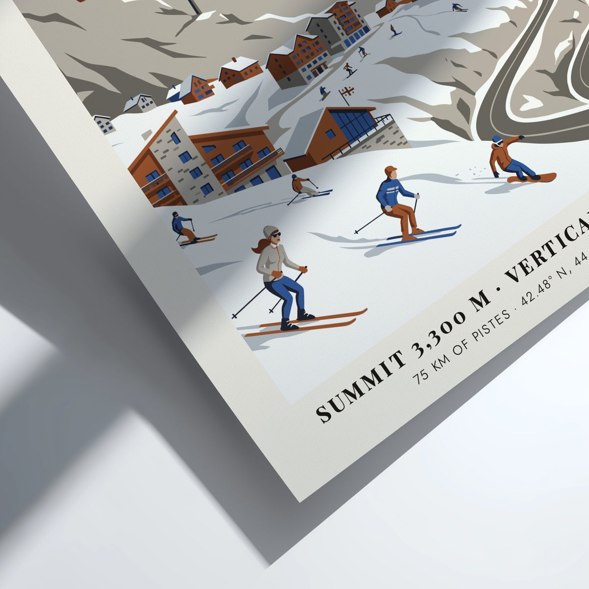 Travel poster of Gudauri, Georgia featuring skiers on snowy slopes and mountain peaks.