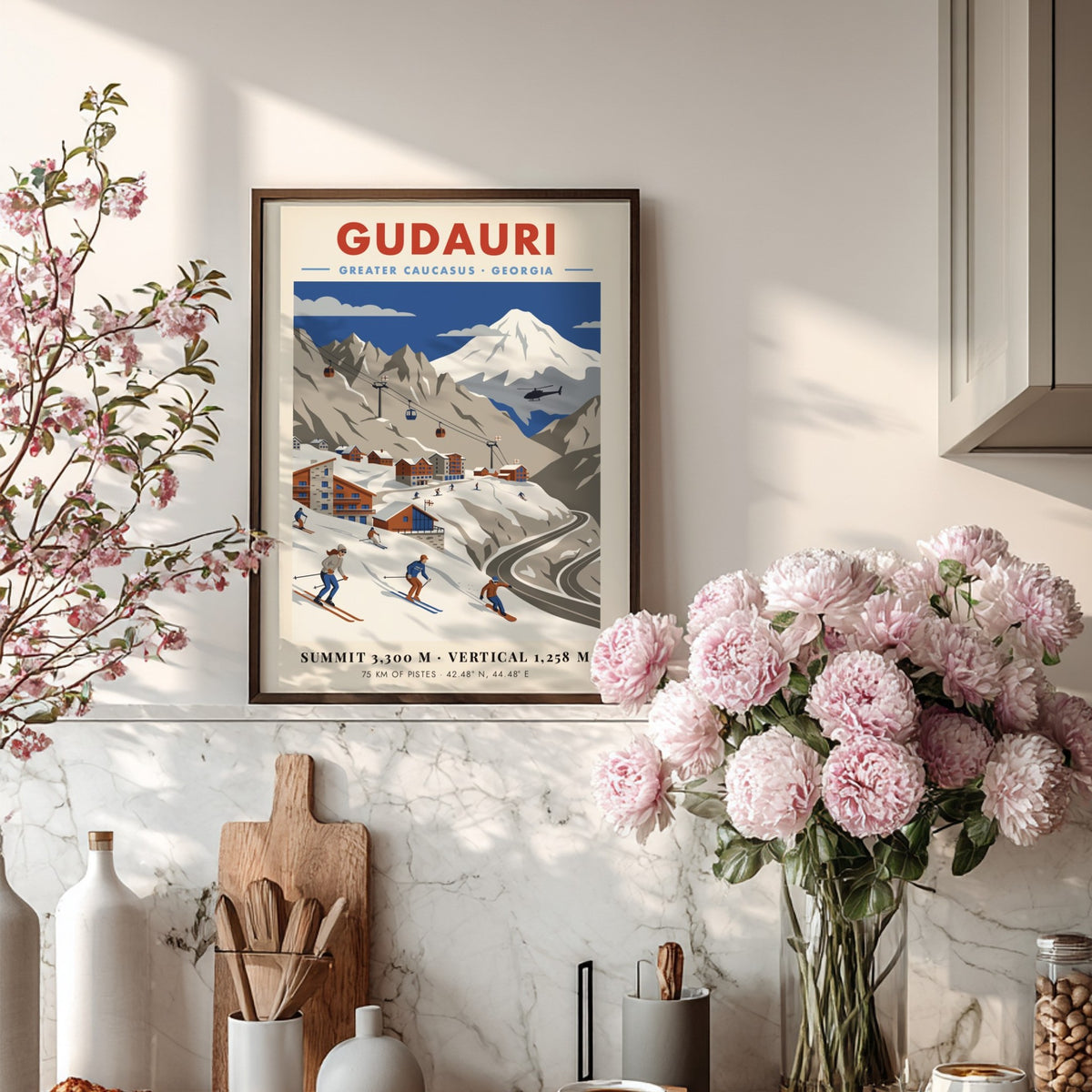 Travel poster of Gudauri, Georgia featuring skiers on snowy slopes and mountain peaks.