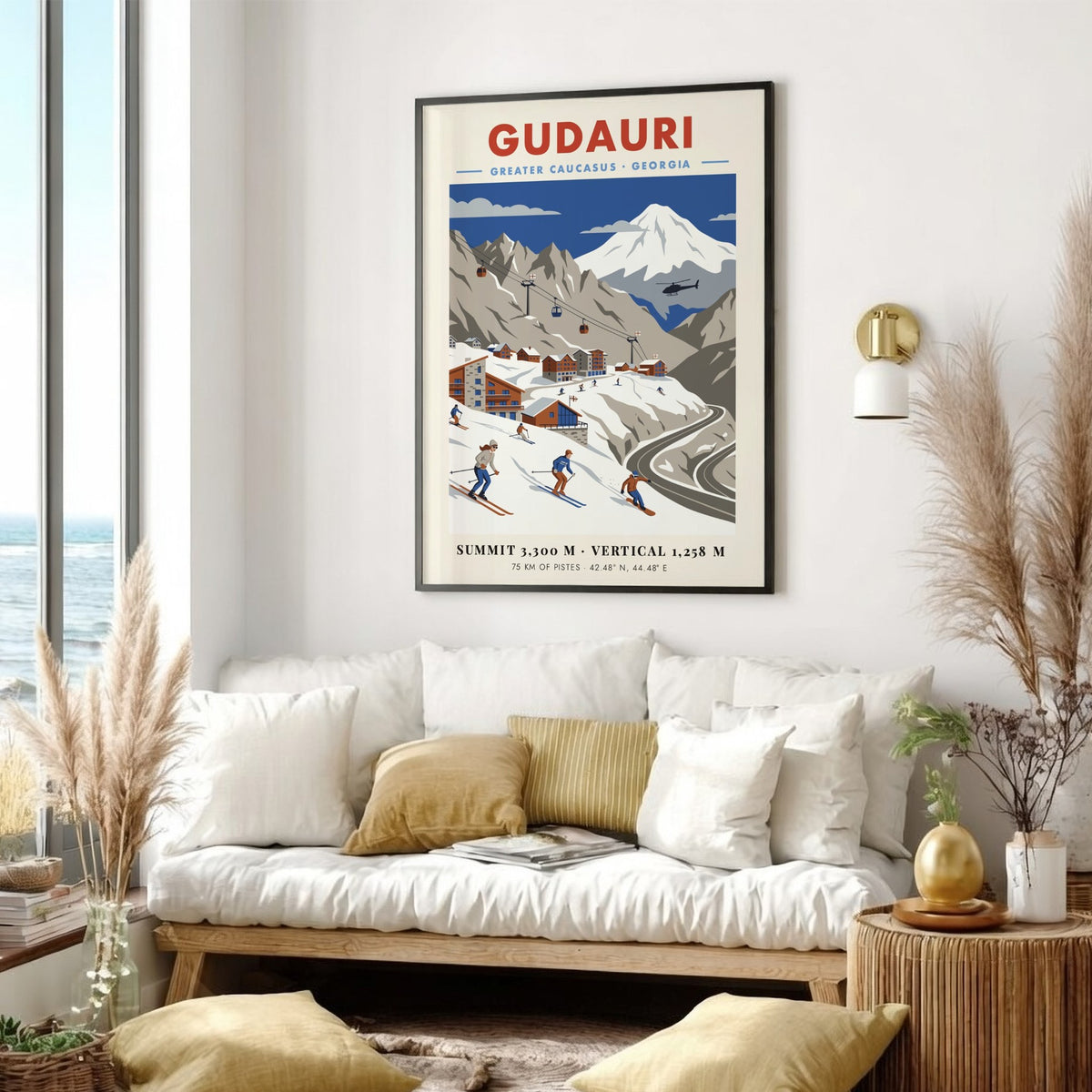 Travel poster of Gudauri, Georgia featuring skiers on snowy slopes and mountain peaks.