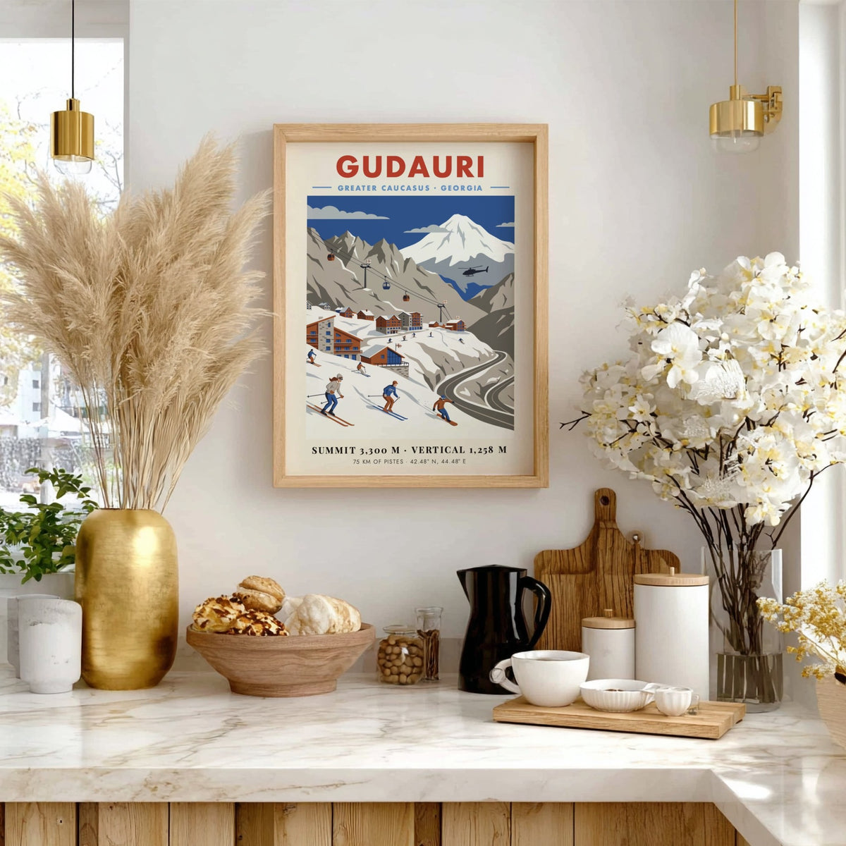Travel poster of Gudauri, Georgia featuring skiers on snowy slopes and mountain peaks.