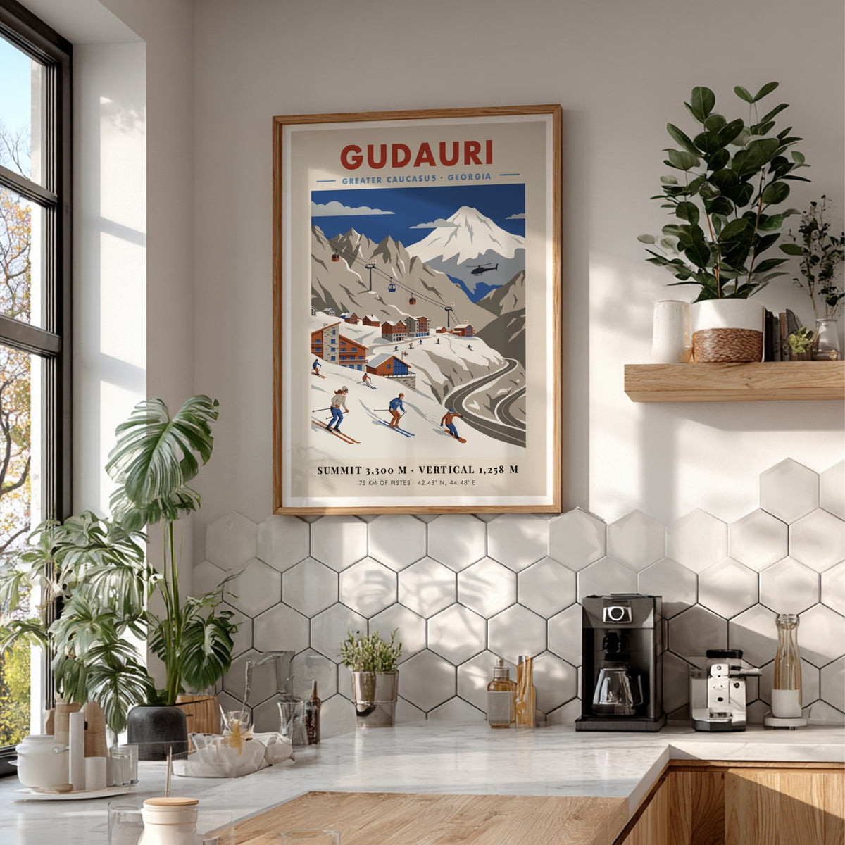 Travel poster of Gudauri, Georgia featuring skiers on snowy slopes and mountain peaks.