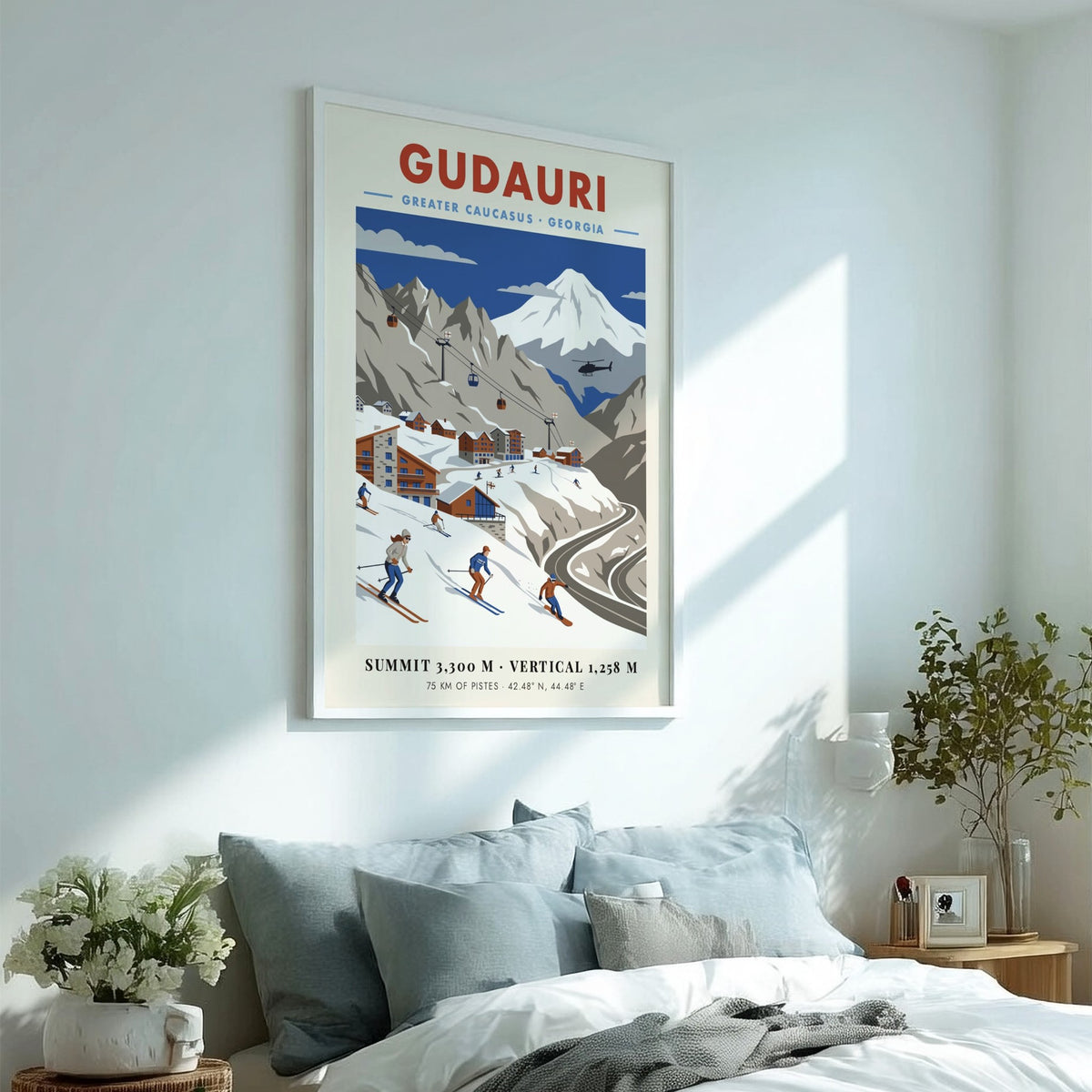 Travel poster of Gudauri, Georgia featuring skiers on snowy slopes and mountain peaks.