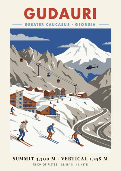 Travel poster of Gudauri, Georgia featuring skiers on snowy slopes and mountain peaks.
