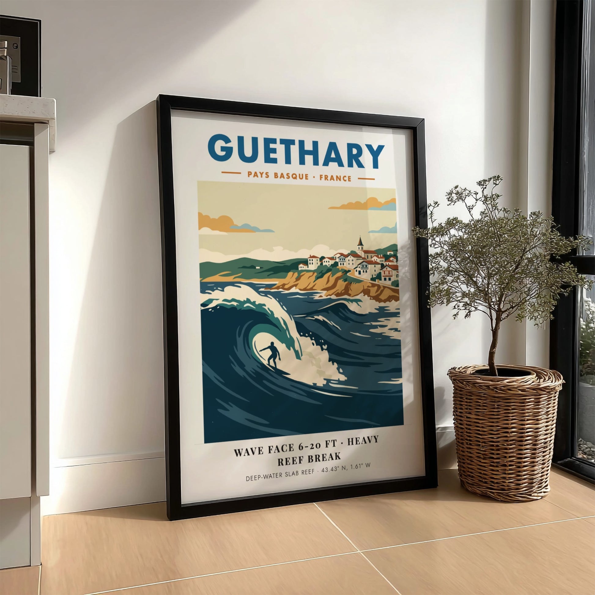 Guethary surf poster featuring a large blue wave and Basque village on cliffs.