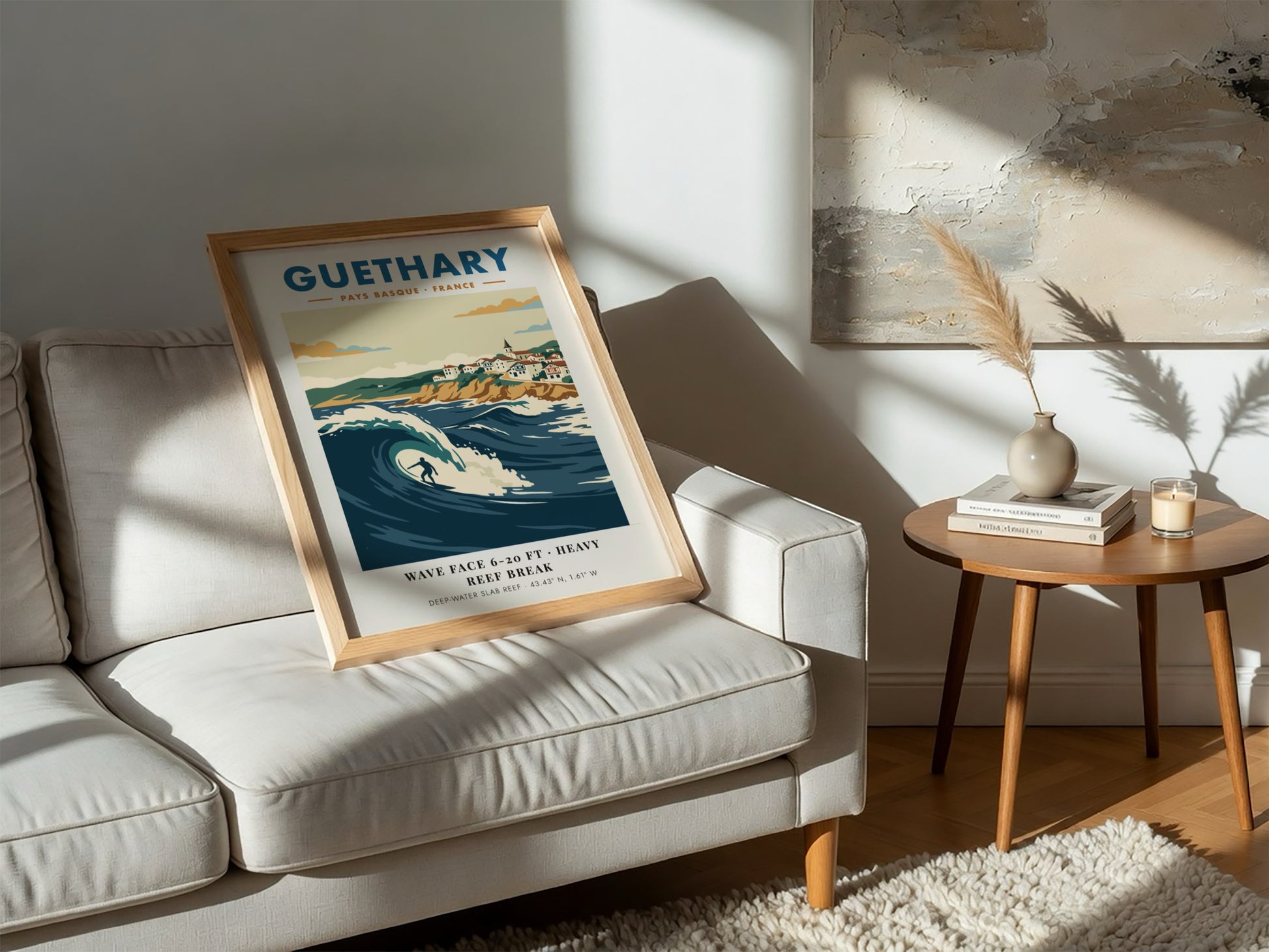 Guethary surf poster featuring a large blue wave and Basque village on cliffs.