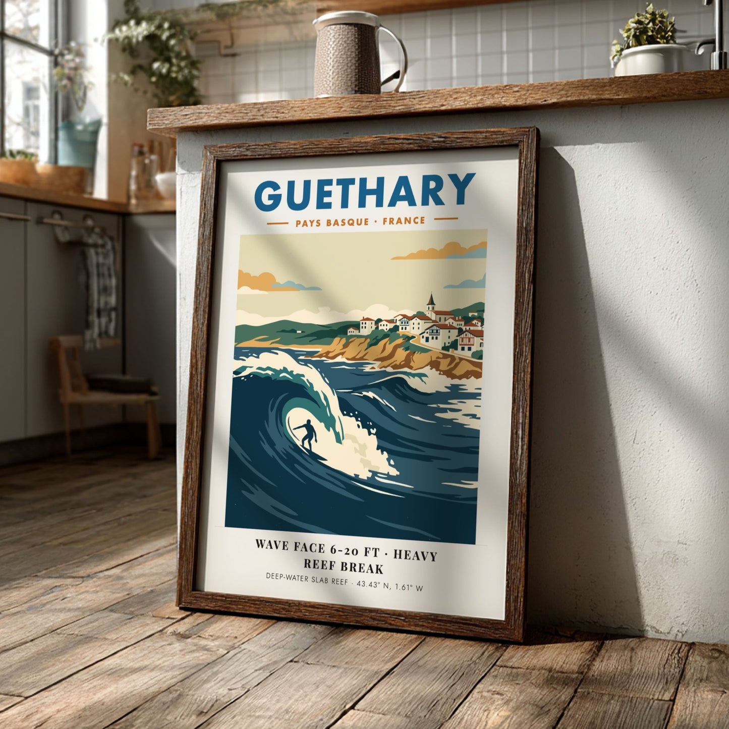 Guethary surf poster featuring a large blue wave and Basque village on cliffs.