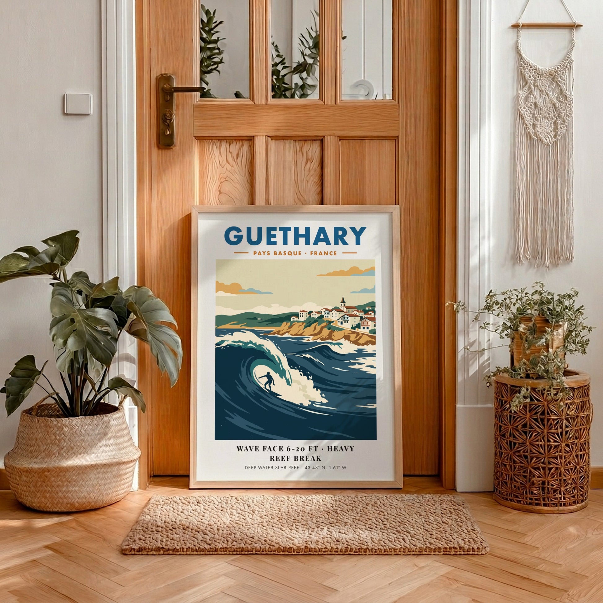 Guethary surf poster featuring a large blue wave and Basque village on cliffs.