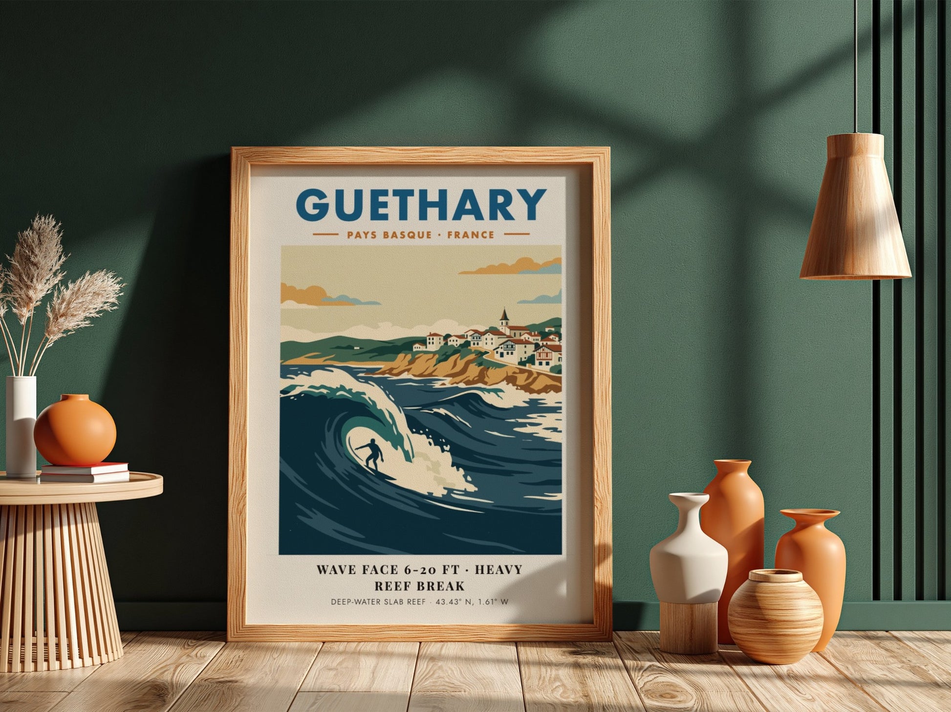 Guethary surf poster featuring a large blue wave and Basque village on cliffs.