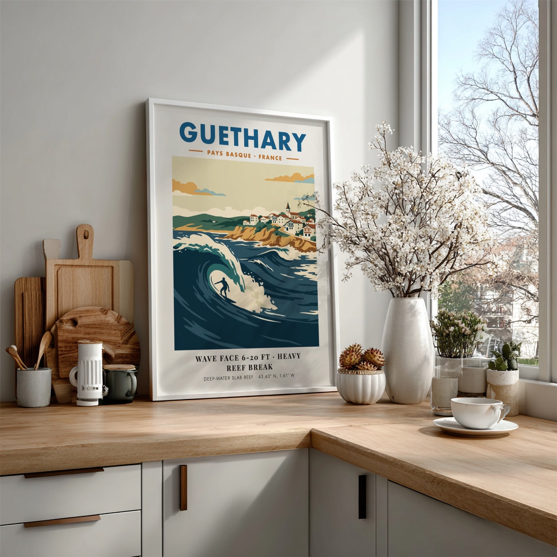 Guethary surf poster featuring a large blue wave and Basque village on cliffs.