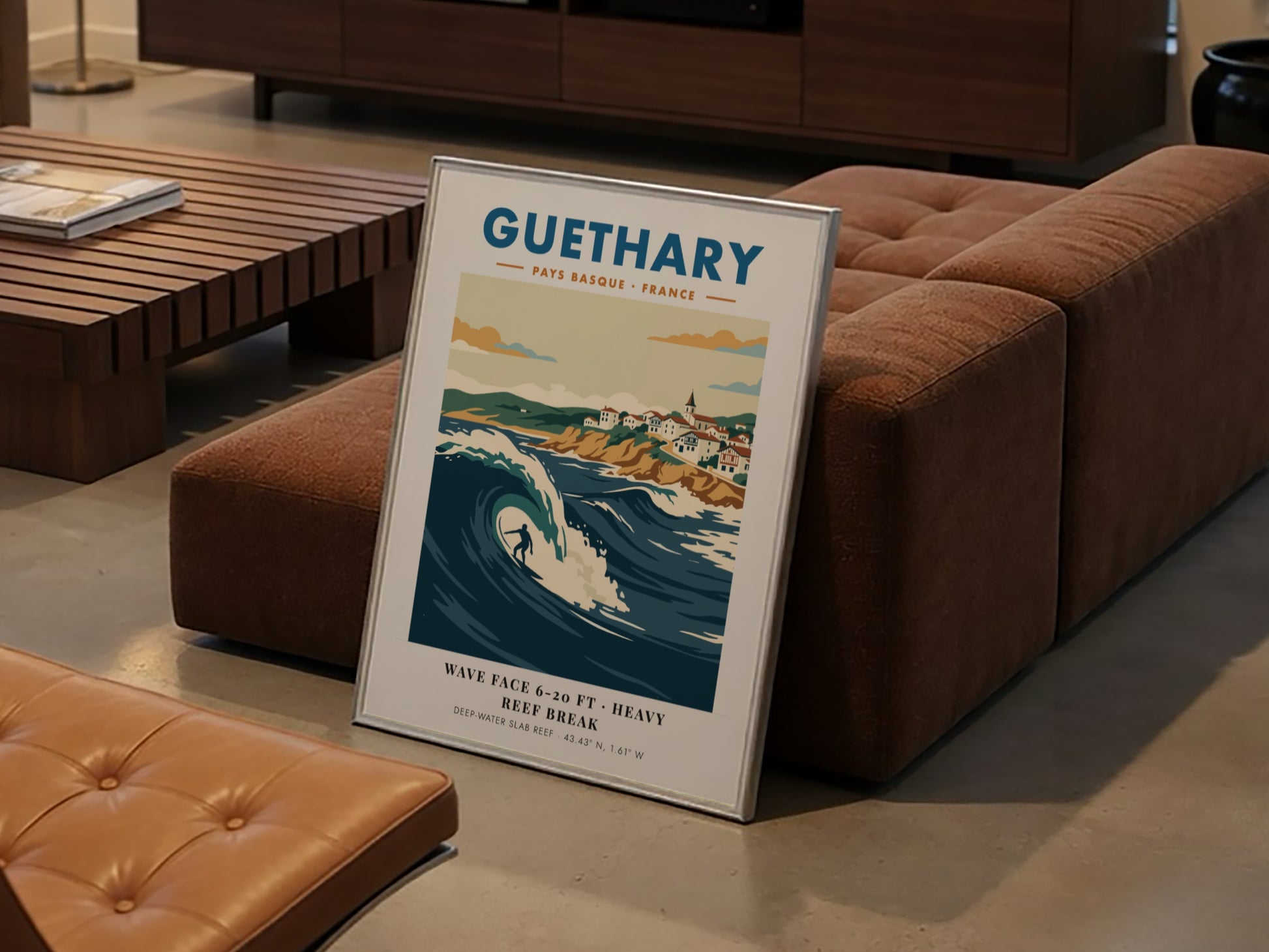 Guethary surf poster featuring a large blue wave and Basque village on cliffs.
