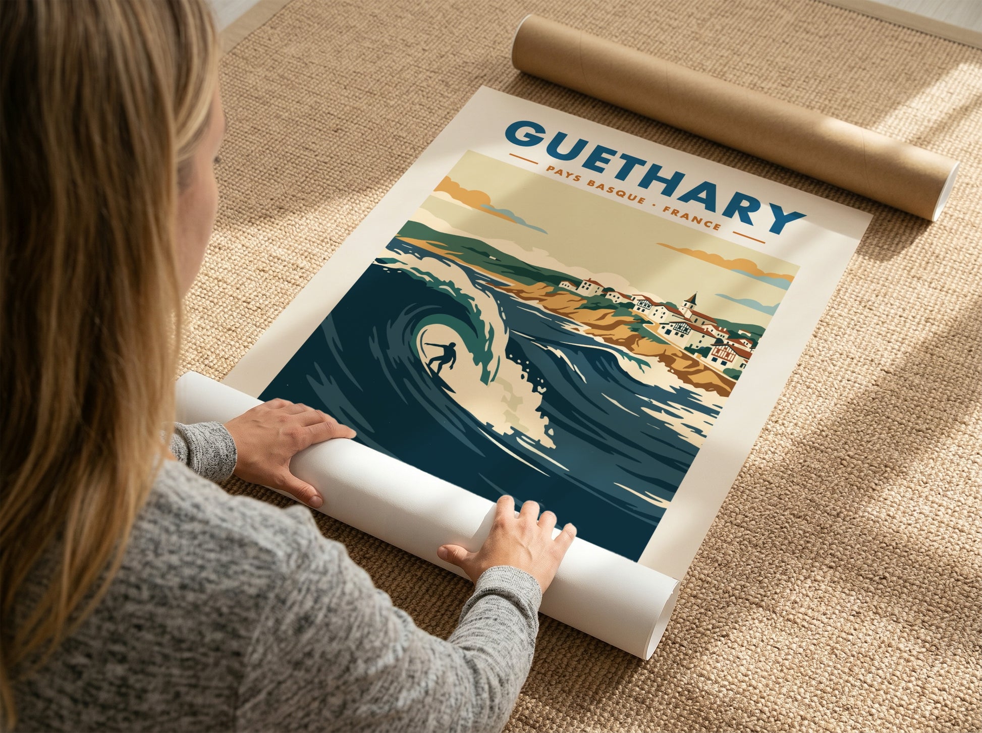Guethary surf poster featuring a large blue wave and Basque village on cliffs.