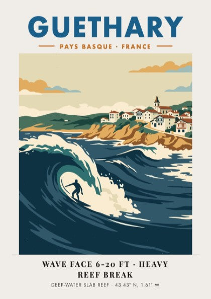 Guethary surf poster featuring a large blue wave and Basque village on cliffs.