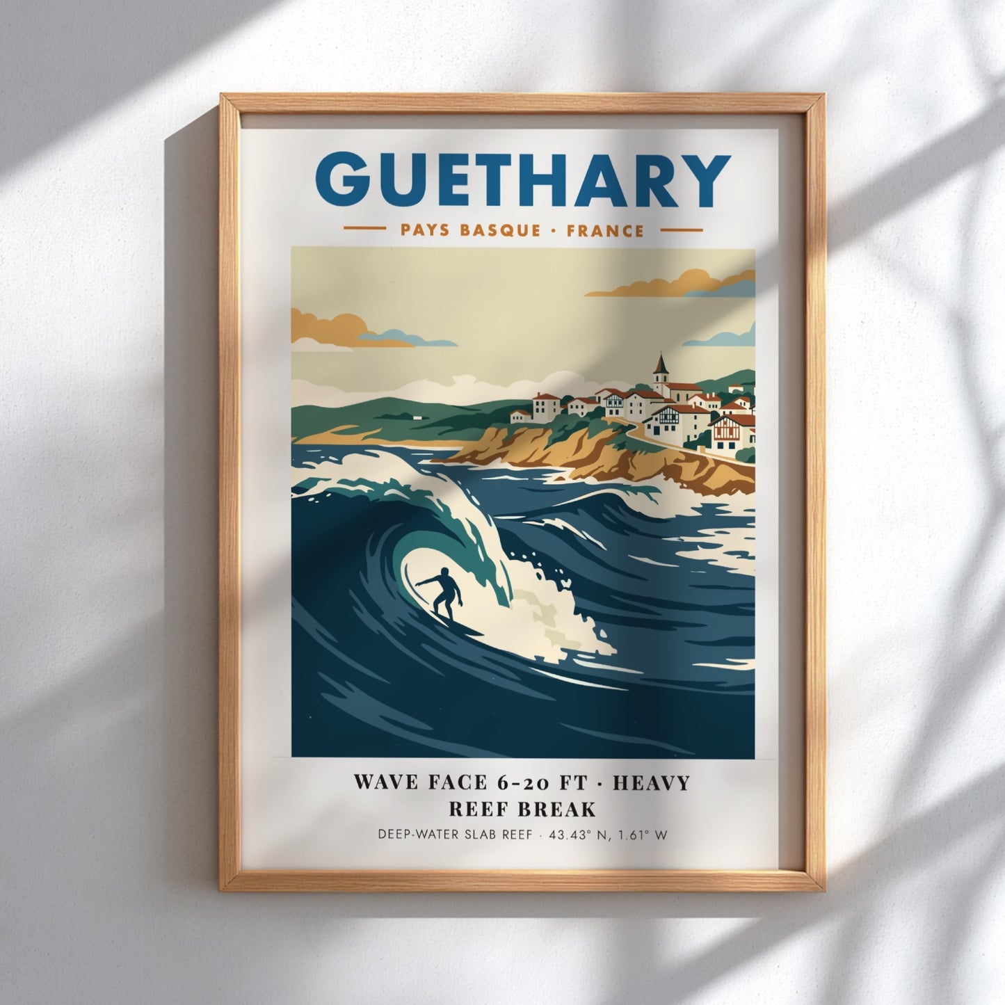 Guethary surf poster featuring a large blue wave and Basque village on cliffs.